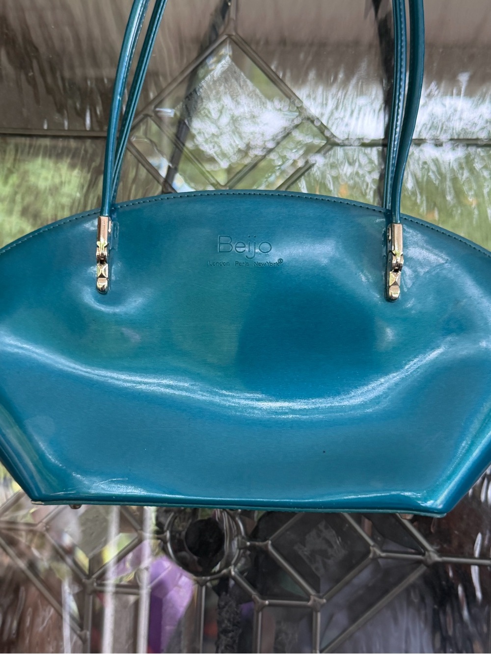 Beijo Teal Patent Shoulder Bag with Gold Hardware